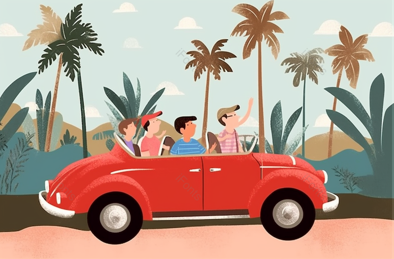 红色平面自然风光椰子家庭旅游插画,插画/手绘图,插画/手绘图库,插画/手绘图下载,插画/手绘